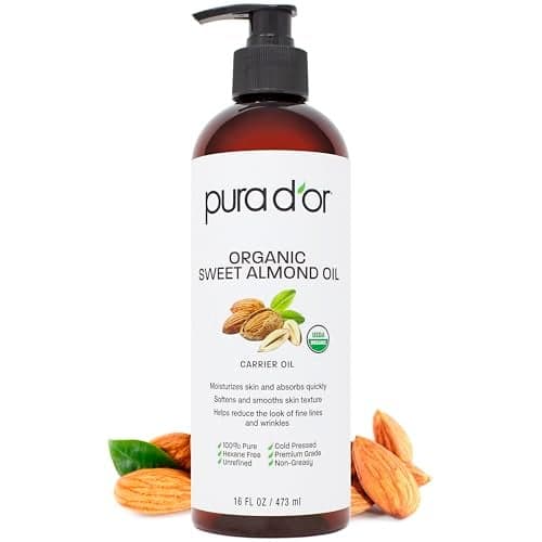 PURA DOR 16 Oz ORGANIC Sweet Almond Oil 100 Pure Natural USDA Certified Cold Pressed Carrier Oil For DIY Beauty NonGreasy Unscented Hexane Free Moisturizer Massage Oil For Hair Skin
