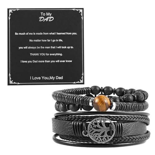 HZMAN To My Dad, Genuine Leather Tree of life Bracelets for Men Father Natural Stone Tiger Eye Lava Rock Beads Bracelet Father's Day Birthday Christmas Gift (Black)