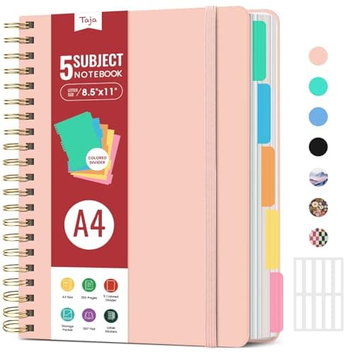 Large Spiral Lined Notebooks for Work With Removable Dividers & Tabs, 8.5"x11" Hardcover 5 Subject Notebook for Note Taking & Organizer, A4 College Ruled Journal for Women & Writing, Pink, 280 Pages