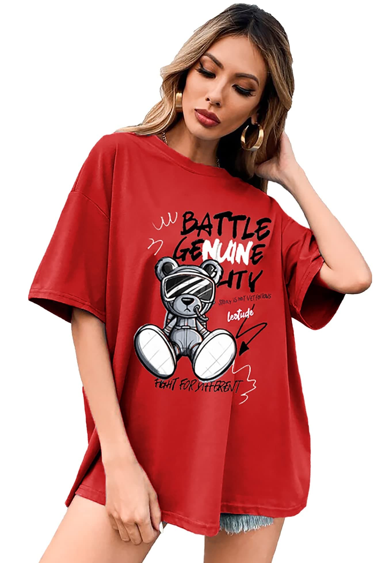 LEOTUDE Cotton Blend Printed Half Sleeve Oversized T-Shirts for Women (Color: Red, Size: S)