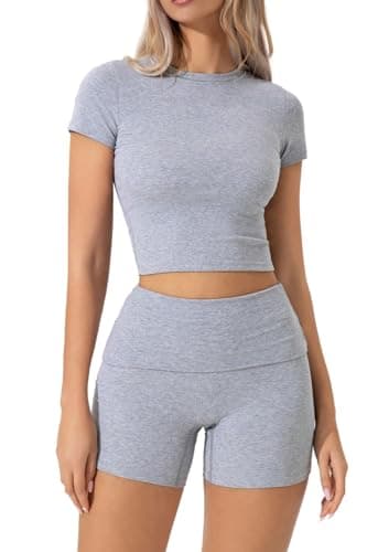 QINSEN 2 Piece Outfits for Women Bodycon Lounge Set Short Sleeve T Shirts Fold Over Shorts Grey M