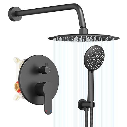 Gabrylly Shower System Black, Pressure Balance Shower Faucet Set, 10" Stainless Steel Rain Shower head with 5-Mode Handheld Shower Spray Combo,High Pressure Rainfall Shower Head Set, Matte Black