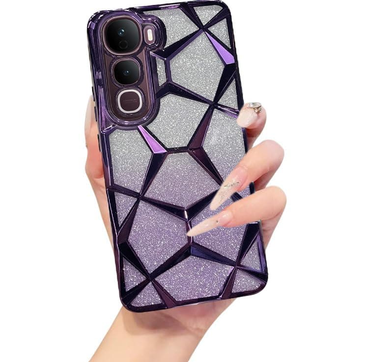 VONZEE Gradient Glitter Case for VIVO Y400, Luxury Electroplated 3D Cube, Diamond Bling Shiny Soft TPU Clear Shockproof Women Girls Protective Phone Cover (Deep Purple)