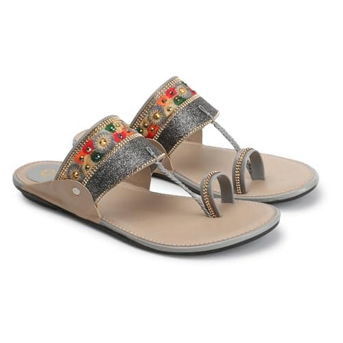 Ladies Hub Womens Kolhapuri Chappal & Fashion Flat Sandals, Ethnic Slippers for Girls (Grey, 6)