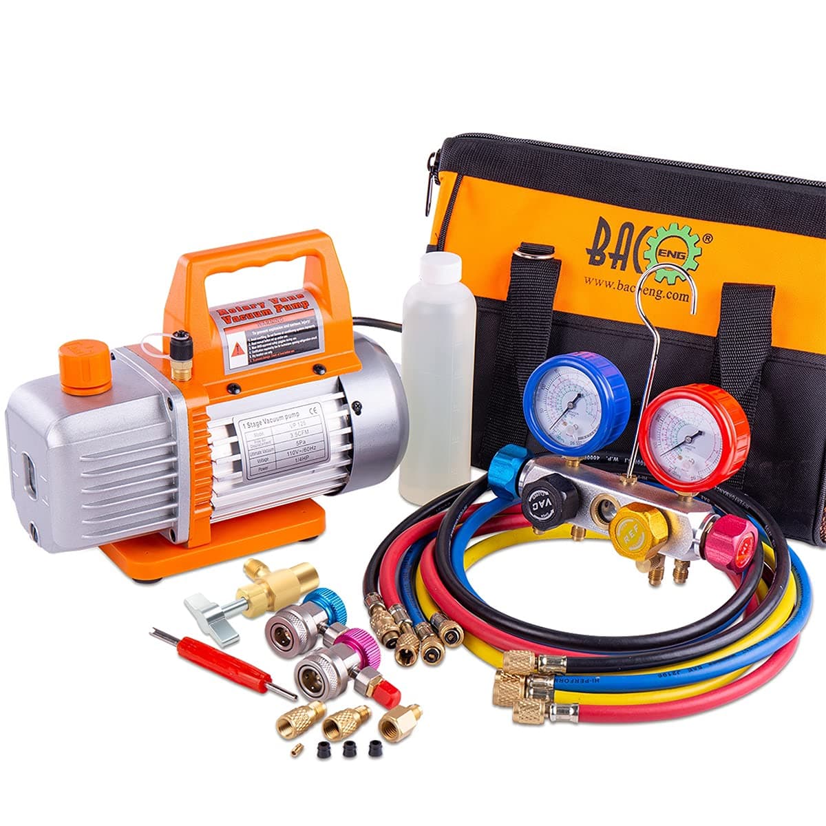 BACOENG AC Vacuum Pump and Gauge Set 4 Way HVAC Vacuum Pump Kit for R134a R410a R22 Refrigerants with R134a Car Quick Couplers Can Tap and 4x5FT Hoses