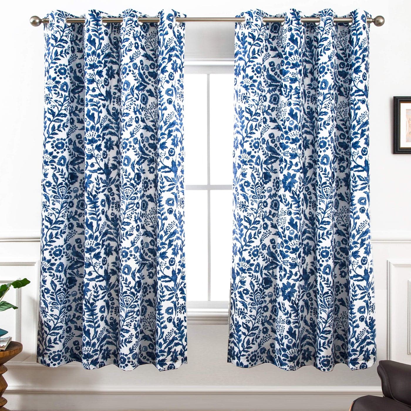 DriftAway Julia Watercolor Blackout Room Darkening Lined Thermal Insulated Energy Saving Window Curtains 2 Layers 2 Panels Each Size 52 Inch by 63 Inch Navy