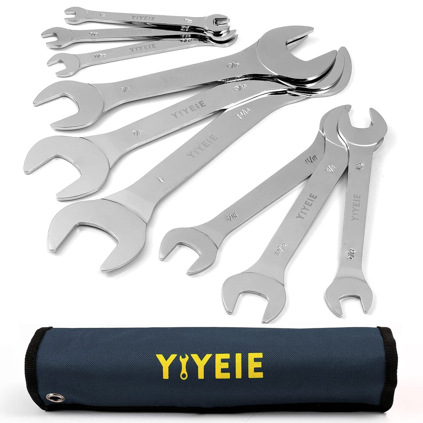 YIYEIE SuperThin Open End Wrench Set 9Piece SAE 14 to 1116 Chrome Vanadium Steel With Mirror Polish UltraSlim Wrench Set with Rolling Pouch