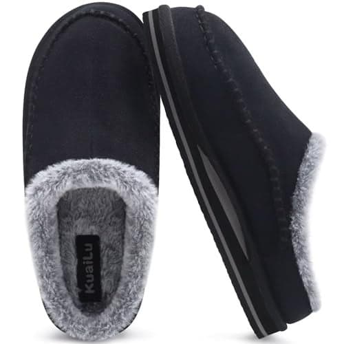 KuaiLu Mens Slippers with Orthopedic Arch Support Suede Faux Fur Fluff Plush Wool-like Warm House Shoes Comfortable Slip-on Bedroom Indoor Outdoor Clogs Slippers for Man, Size Black 12