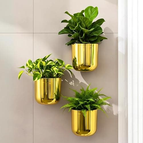 Rust & Shine Urban Jungle Hanging Planter Cachepots – Gold (Set of 3) | Durable Iron Wall Hanging Pots for Plants | Mini Flower Planters for Balcony Vertical Garden & Home Office Wall Decor