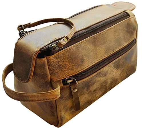 RUSTIC TOWN Leather Toiletry Bag for Men - Hygiene Organizer Travel Ditty Kit (Antique Brown)