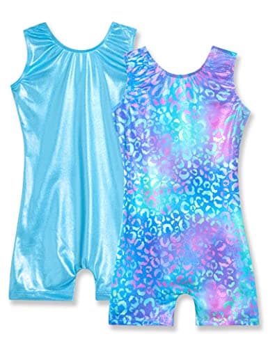 Nymphperi Girls Gymnastics Leotards Size 7-8 Years Old Shiny Green Purple Leopard Biketards Solid Blue Unitards 2 Pack