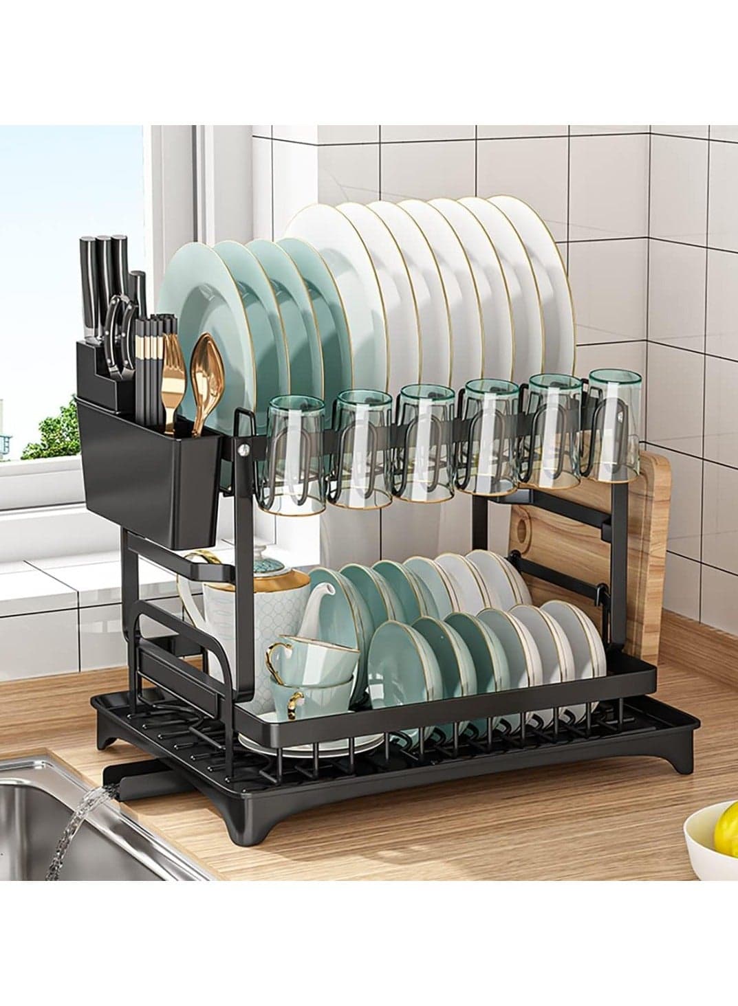 2-Tier Dish Drying Rack Metel 2-Tier Dish Rack Utensil Metal Cup Holder Kitchen