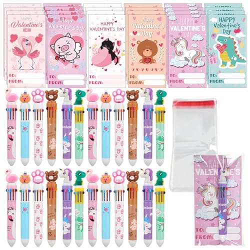 Glenmal 24 Pack Valentines Day Gifts for Kids Classroom Valentines Stationery Gift with Cards Multicolor Ballpoint Pen Opp Bags Bulk Valentine Party Favors for Kids Exchange Prize