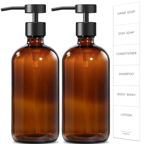 GMISUN Amber Glass Soap Dispenser, 2 Pack Bathroom Hand Soap Dispensers with Stainless Steel Flat Pump, 17 Fl Oz Kitchen Dish Soap Dispenser, Modern Vintage Liquid Brown Soap Dispensers Bottle Set