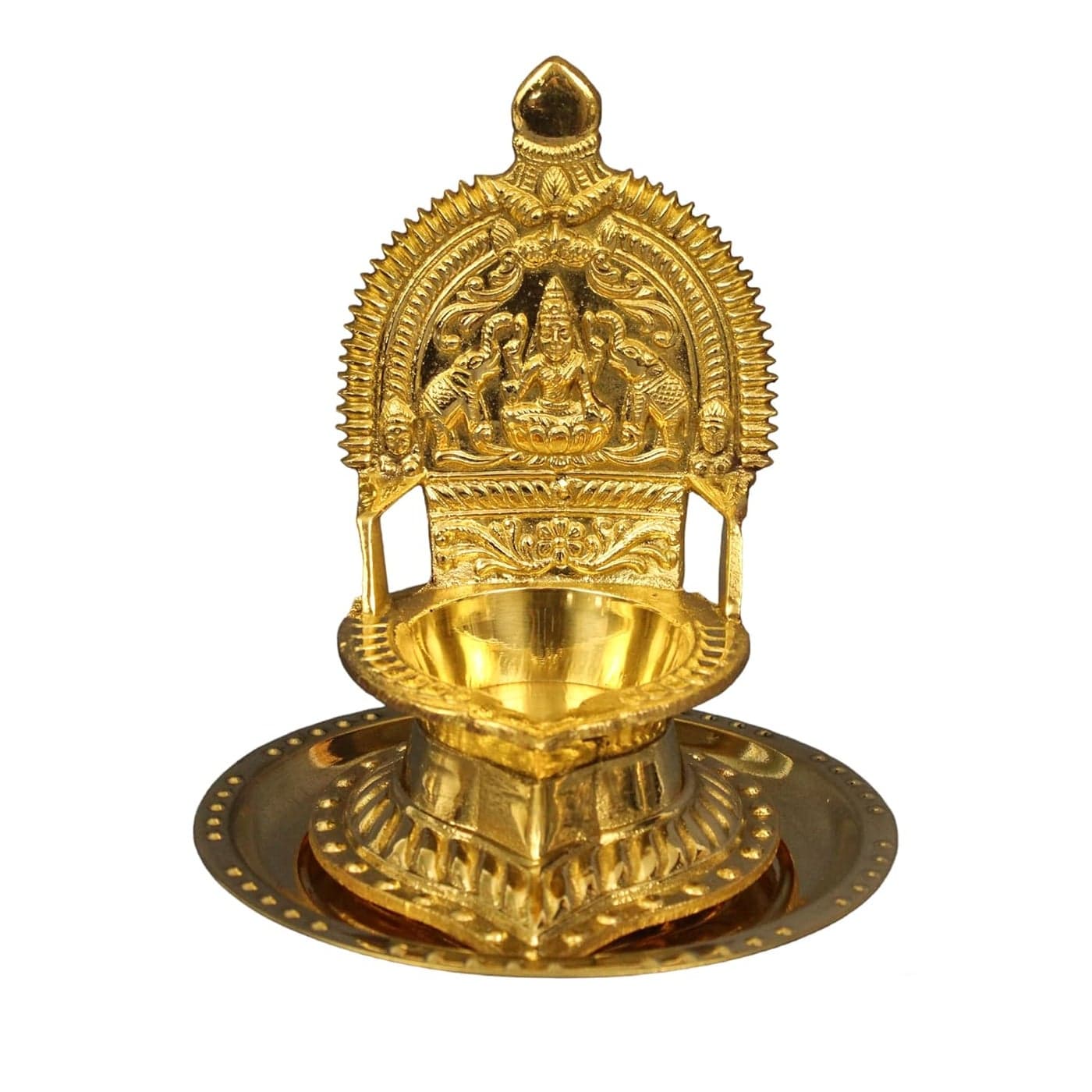 Spillbox Traditional Brass Kamachi Diya for Puja Deepam Oil Lamp for Home Temple Kamatchi Devi Maa Hindu Combo of Kamatchi Amman Vilakku with Plate