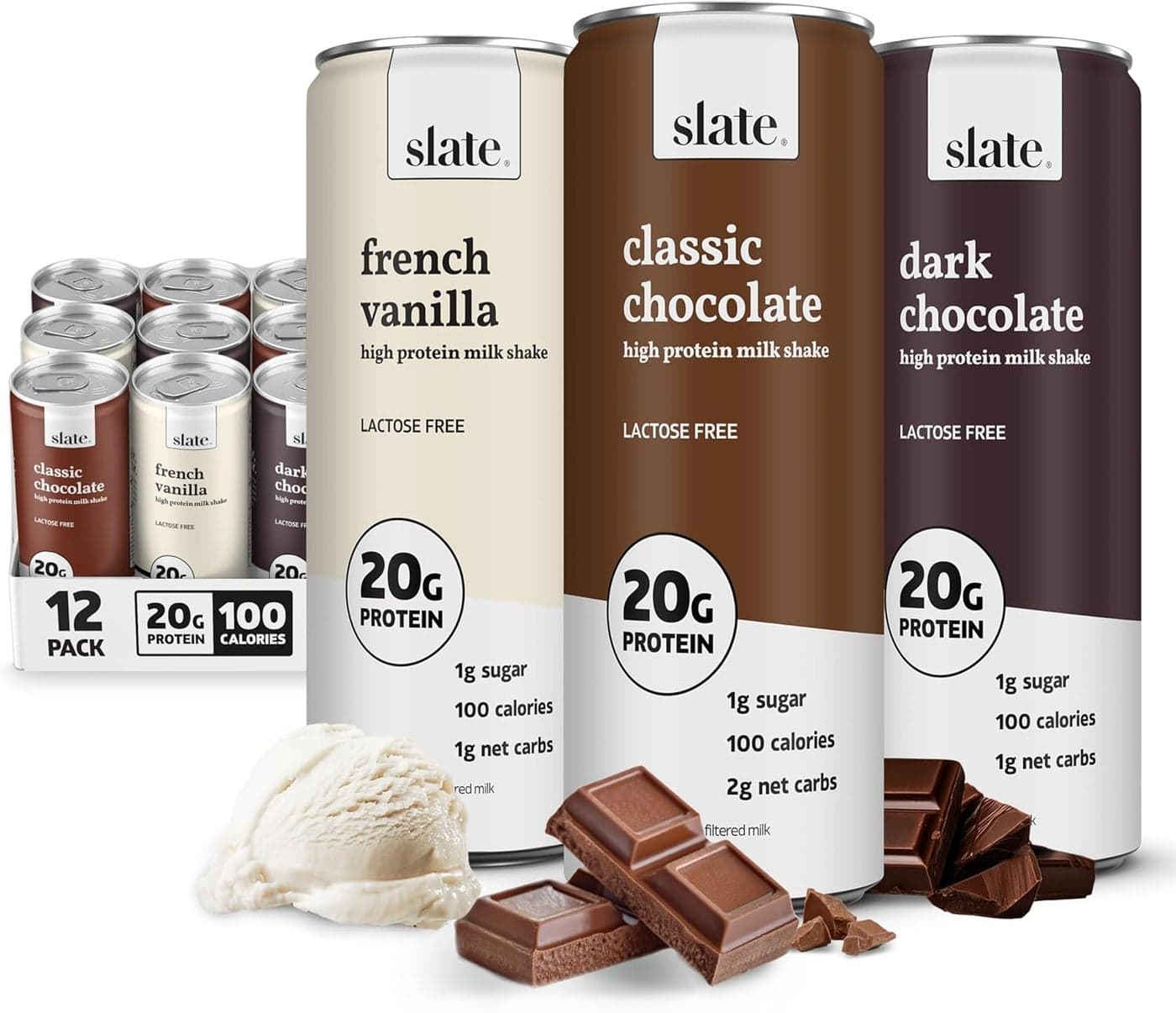 Slate Milk High Protein Milk Shake Core Variety Pack - Classic Chocolate, Dark Chocolate, French Vanilla - Lactose Free, 20g Protein, 1g Sugar, 100 Calories, 12 Cans