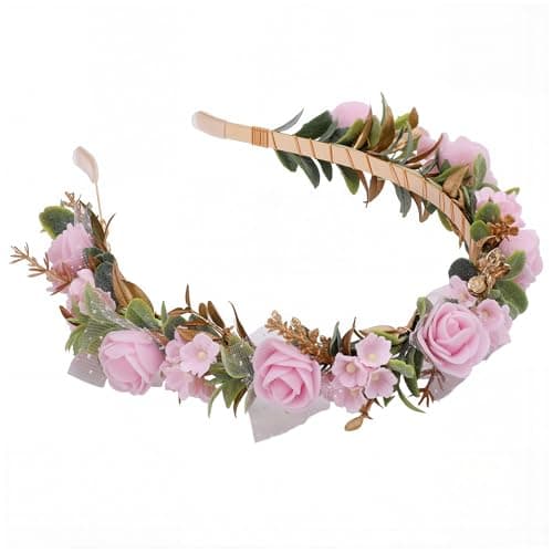KorViSHOW Pink Flower Crown Headband Fairy Rose Floral Headpiece with Ribbon Artificial Lace Foam Flower Headbands for Women Girls Renaissance Costume Bridal Wedding Birthday Hair Accessories
