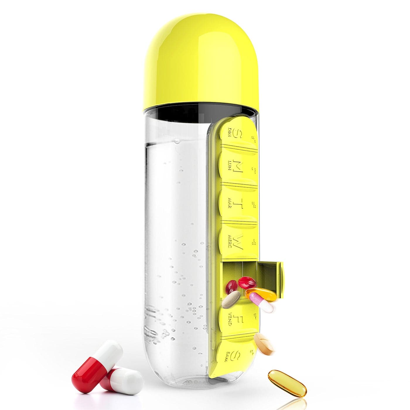 Asobu Combine Daily Pill Box Organizer with Water Bottle 20 oz Black Yellow