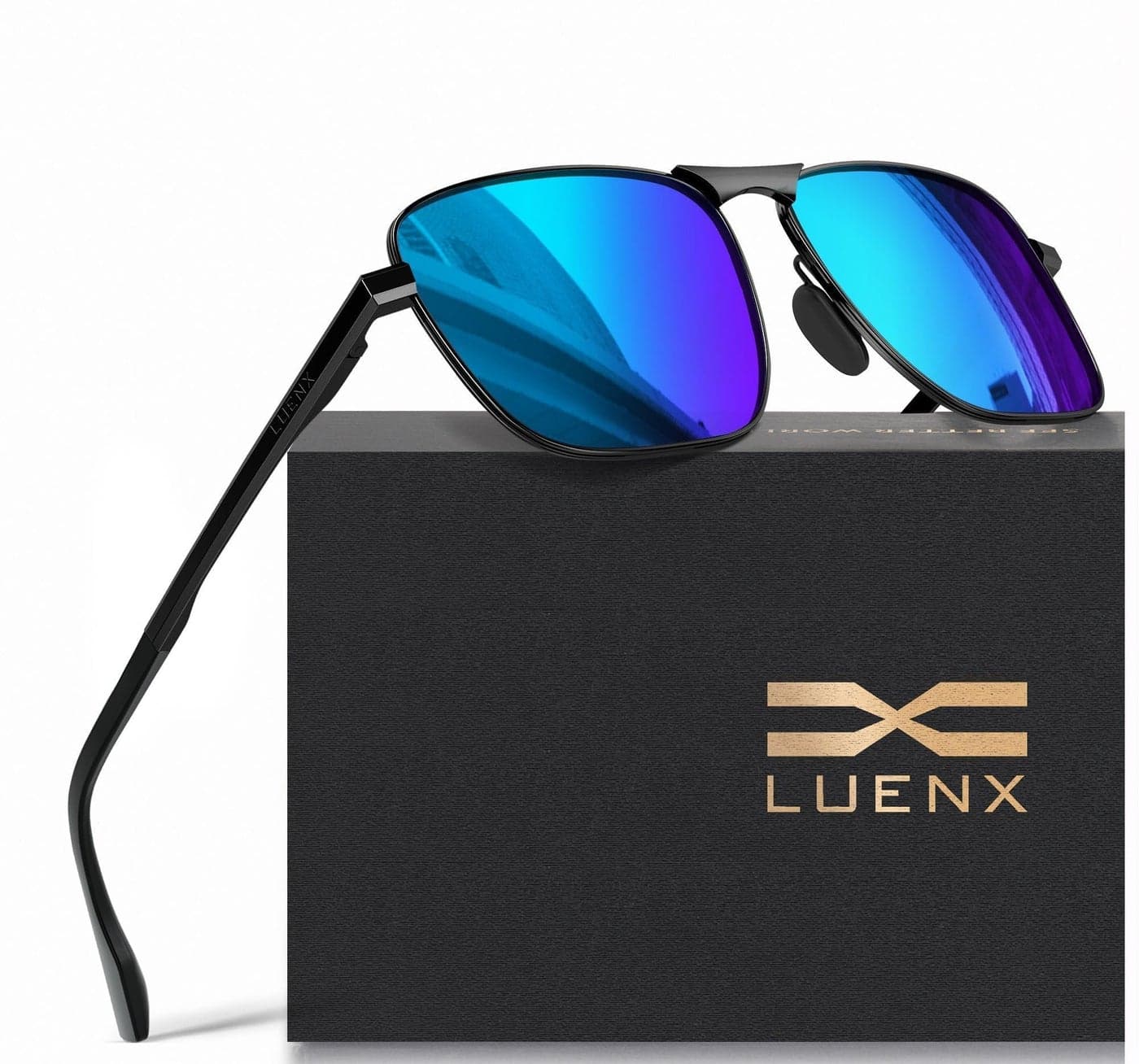 LUENX Men Rectangular Polarized Sunglasses Square Retro Shades - Black Frame Dark Blue Mirror Lens 59mm