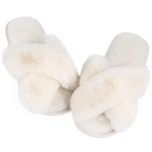 Ankis Women White Fuzzy Fluffy Slippers Soft Cozy Plush Fuzzy Memory Foam Fluffy Open Toe Bedroom Comfy Cross Band Slippers for Womens House Indoor