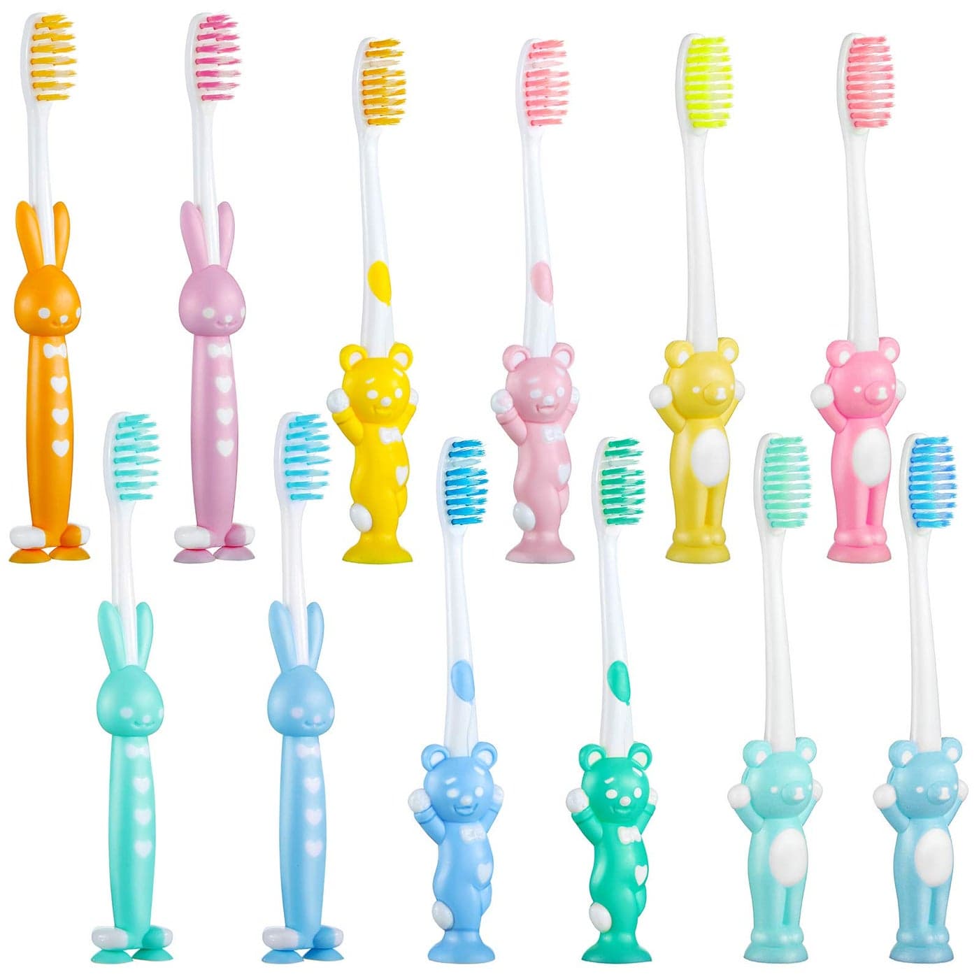 Patelai 12 Pcs Toddler Toothbrush for Age 2 Children Disposable Manual Toothbrush Bulk with Suction Cup for Upright Storage Soft Individually Kids Toothbrush Set with Dust Covers