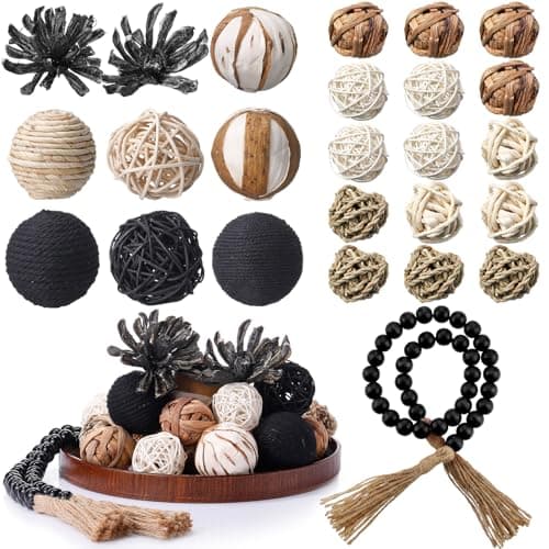 Halloscume 25 Pcs 3.15 and 1.97 Inch Decorative Balls, 20.9 Inch Garland Wood Beads Rattan Wicker Balls with Spheres Orbs Filler for Garden Table Vase Bowl Filler Centerpiece(Black,Wicker Rattan)