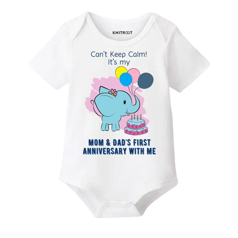KNITROOT Mom & Dad Family Special Onesies, Unisex Baby Kids Cotton Lycra Envelope Neck Half Sleeve White Romper, Bodysuit, Sleepsuit, Mom & Dad First Anniversary, 0-3 Months, Infant Cloths