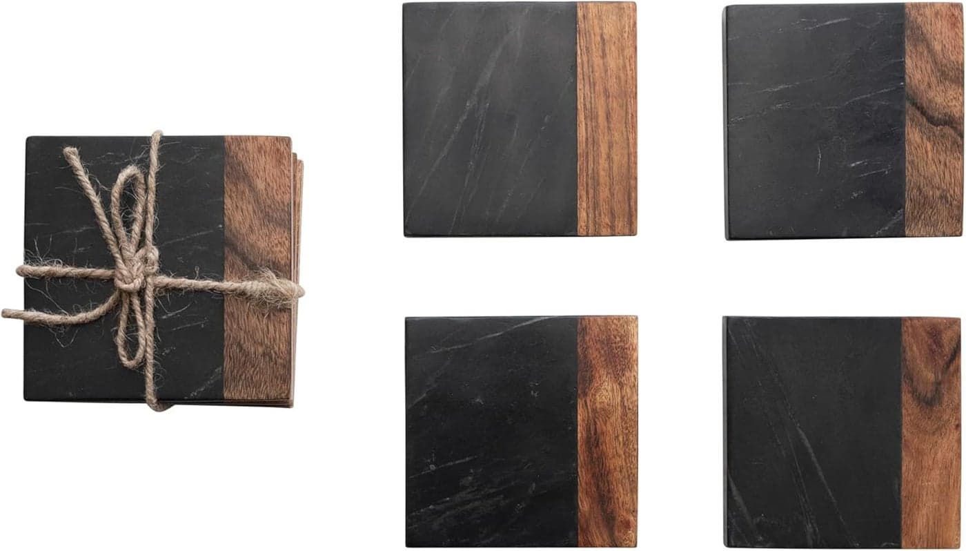 Creative CoOp Marble and Acacia Wood 2Tone Black and Natural Set of 4 Coaster