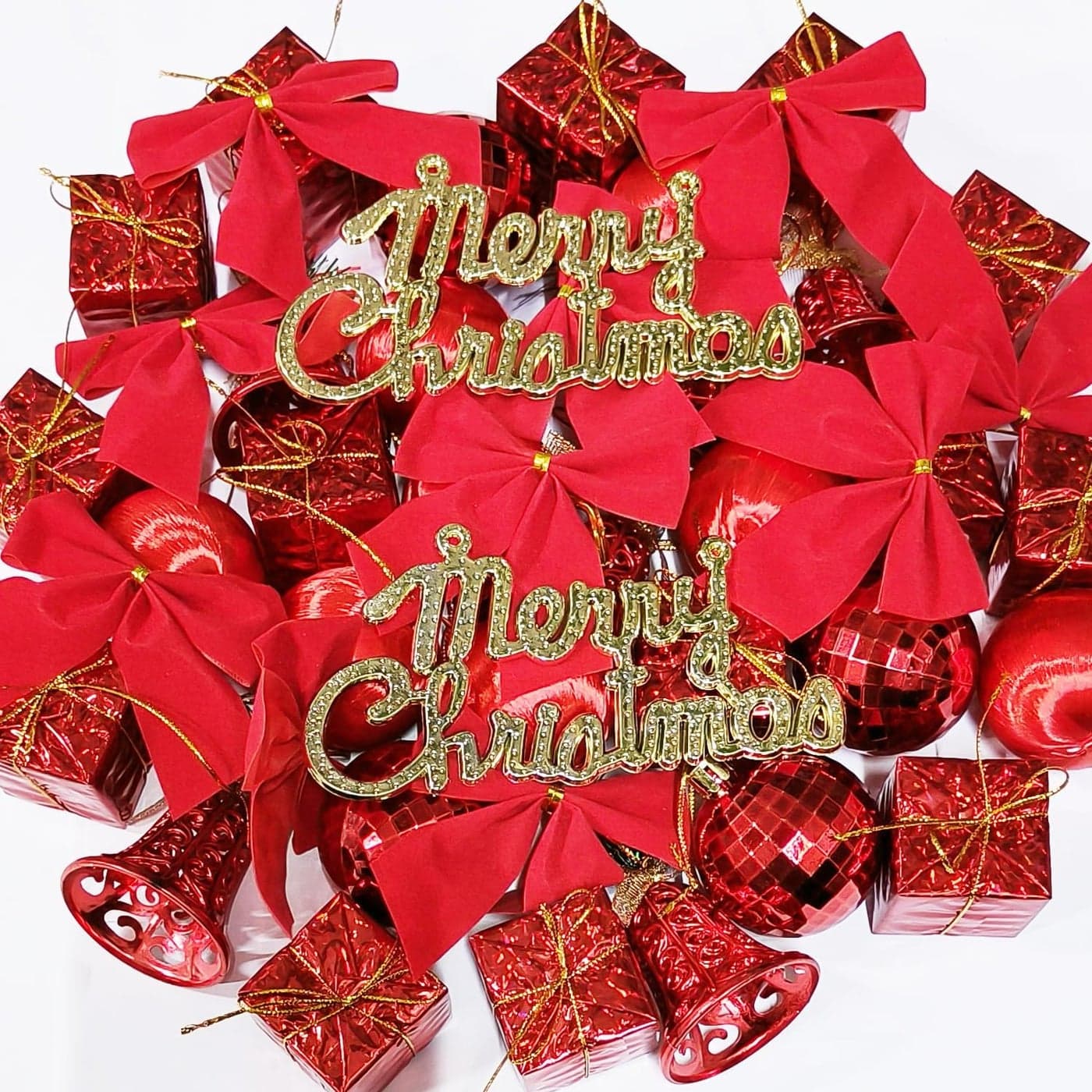 Baystore Christmas Tree Decoration Ornaments Set of 35 Pcs Red Christmas Bells Balls and Gifts with Gold Merry Christmas Sign Tree Hanging Ornaments Christmas Tree Decoration Items
