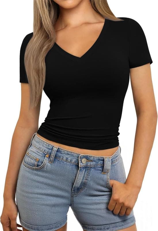 XOLANI Womens Short Sleeve V Neck Basic Crop Top Summer Fitted Teen Tee Shirt Blouses for Girls X L2683 VK 1101 (M, BLK)