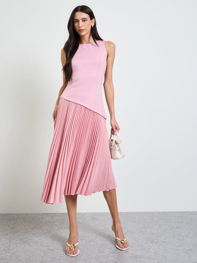Styli Pink Pleated A-Line Midi Dress