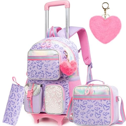 Meetbelify Girls Rolling Backpack with Wheels - Cute Kawaii Carry On Backpack for Elementary Students - Purple with Lunch Box