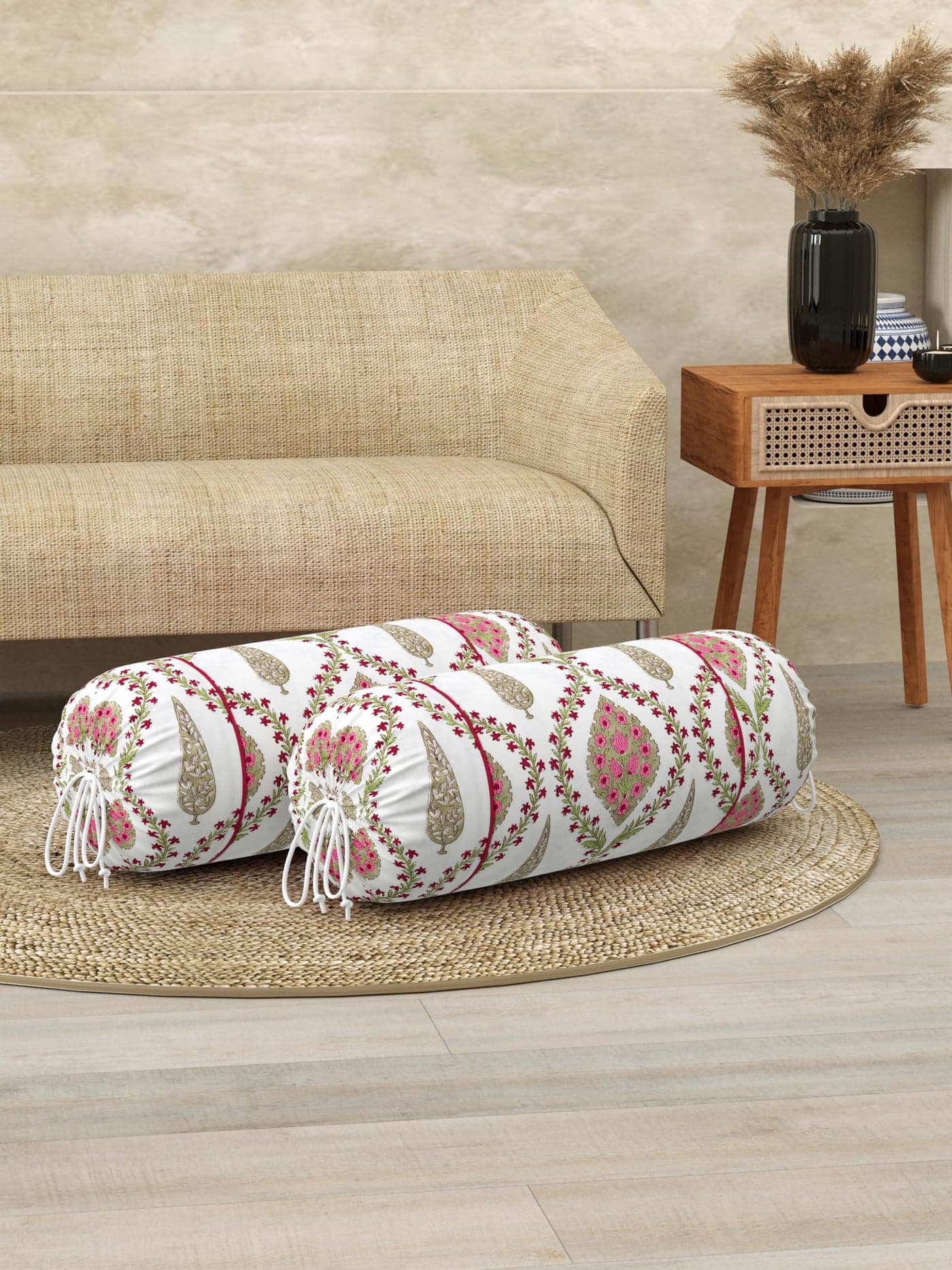 Clasiko® Cotton Bolster Covers; Set of 2; 220 TC; White Pink Multiflowers; 30x15 Inches; 42162