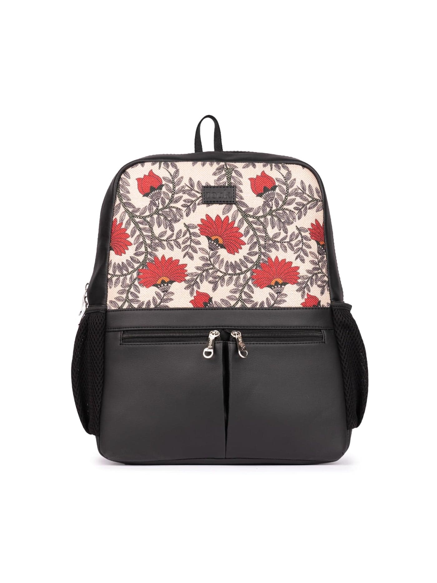 ZOUK Nawabi Couture Floral Printed Jute Vegan Leather Beige and Red Unisex Checkpoint Friendly Laptop Office Backpack 15.6 inch