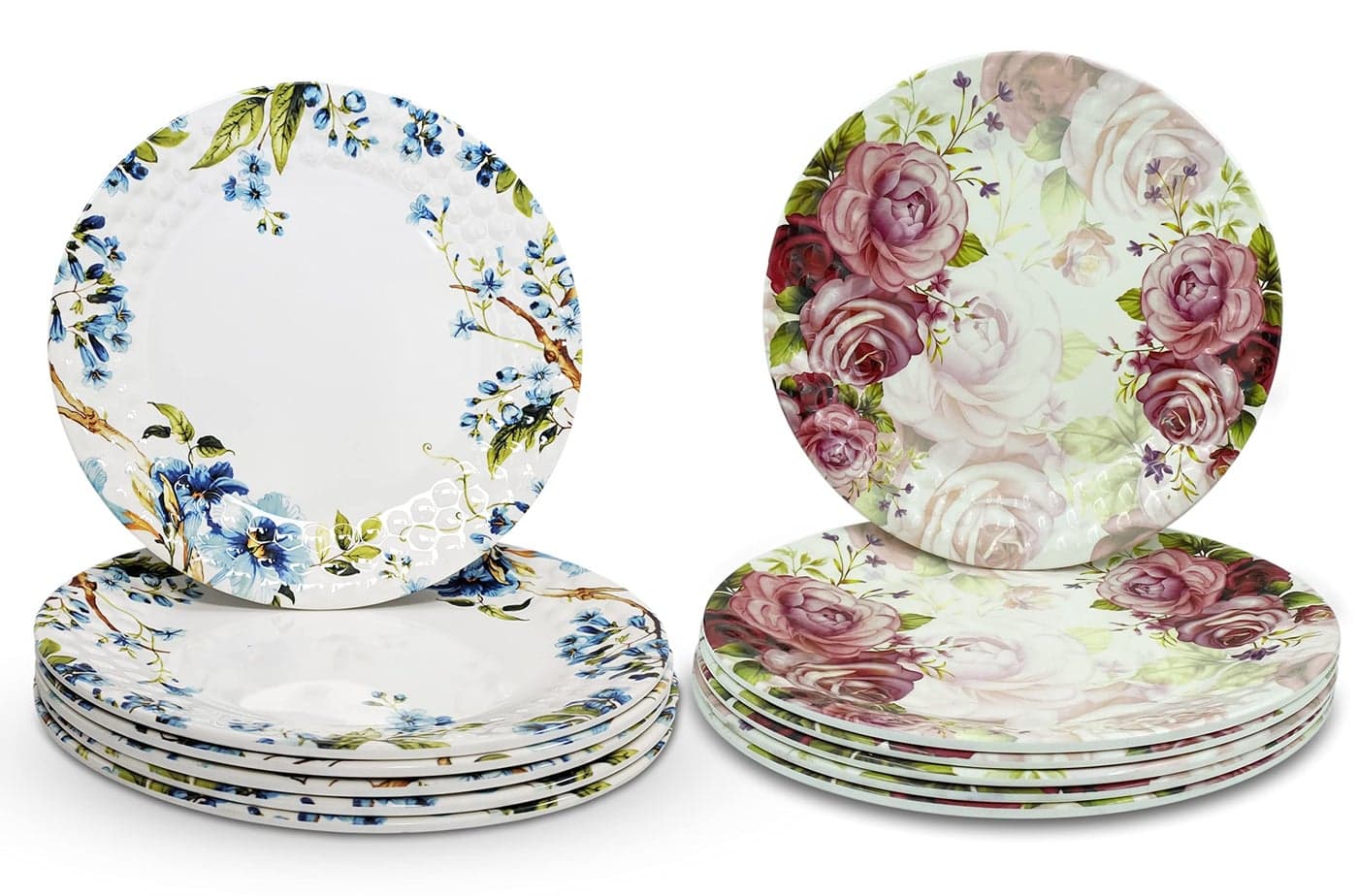 KONVIO Kitchen Melamine Dinner Plates Set of 12, White Floral Design with Pink Floral Design Unbreakable Plates (11 inches) - 12 Pieces