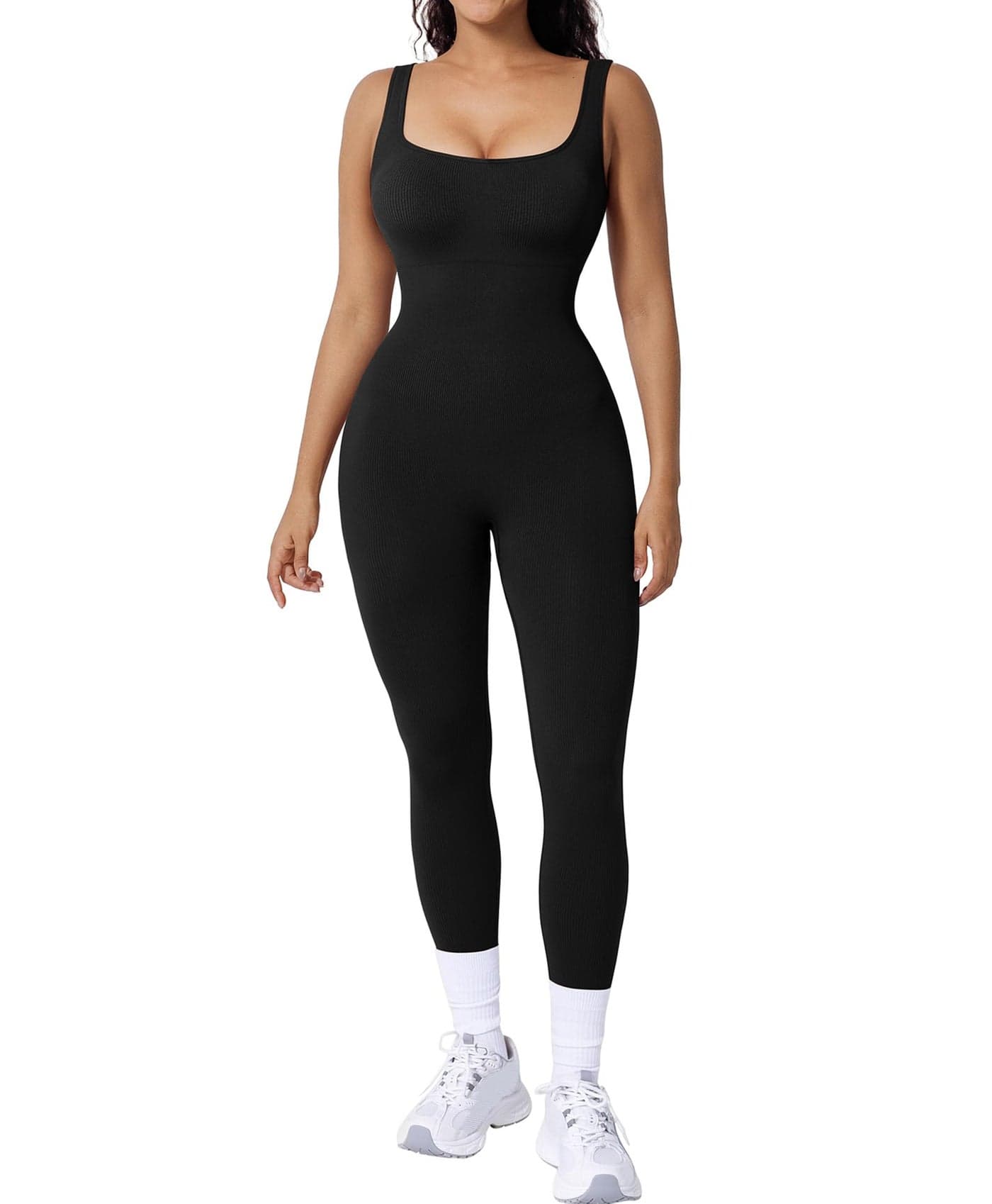 Popilush Jumpsuits for Women Built-In Bra Square Neck Ribbed Bodycon Workout Seamless Leggings Rompers Bodysuits Black Jumpsuit