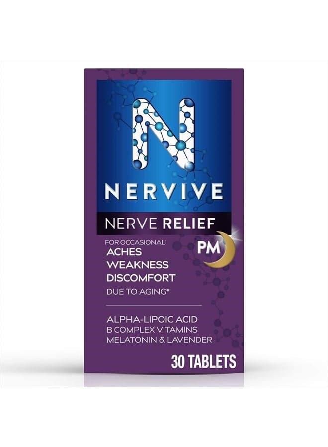 Nerve Relief PM, for Nerve Aches, Weakness, & Discomfort in Fingers, Toes, Hands, & Feet*†, Alpha Lipoic Acid ALA, Vitamin B1, Vitamin B6, Melatonin, Chamomile, Lavender, 30-Day Tablet Supply
