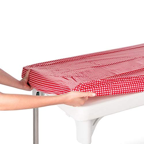 TopTableCloth Tablecloth for Camping Picnic Red & White Checkered 6 Foot 30" x 72" Table Cover Elastic Corner Plastic Vinyl Flannel Waterproof Fitted Rectangular for Folding Table