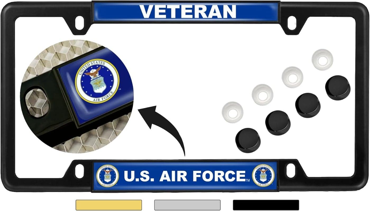 U.S. Air Force Veteran Domed Custom-Made Metal License Plate Frame - Black