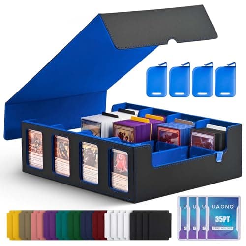UAONO Trading Card Storage Box with Commander Display 2400 Deck Box for MTG with Removable Cover Top Loaders Card Case fits Magic TCG PTCG Sports Cards 24 Dividers 4 Stoppers Black Blue