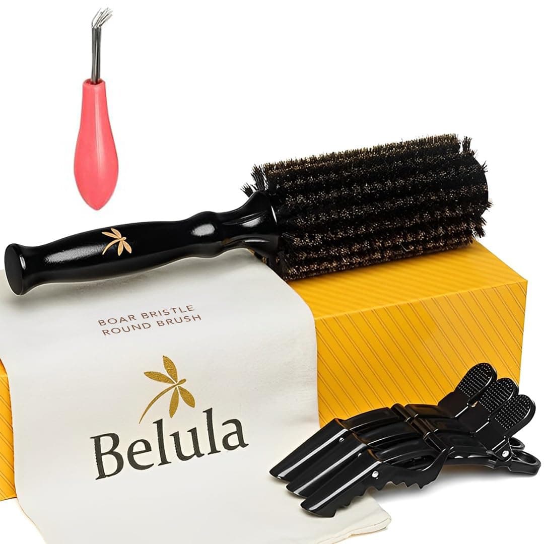 Belula 100 Soft Boar Bristle Round Brush for Blow Drying Set Round Hair Brush With Small 16 Wooden Barrel Hairbrush Ideal to Add Volume and Body Free 3 x Hair Clips Travel Bag