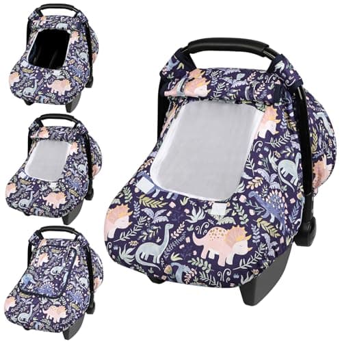Pea Pod Car Seat Cover Baby, Infant Car Seat Canopy Covers for Newborn with 2 Layers Windows of Breathable Mesh Fabric, Lightweight Polyester/Soft Minky Dot Backing (Dinosaur)