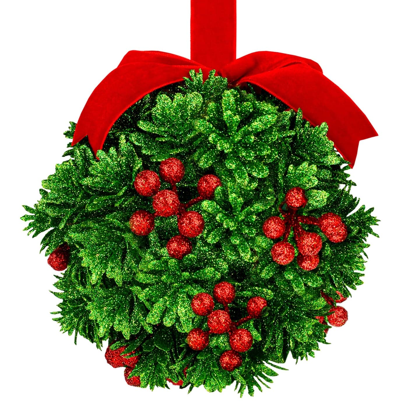 5 Glitter Mistletoe Kissing Ball Christmas Ornament Hanging Mistletoe Decoration for Doorway Kiss Mistletoe Ornament Christmas Mistletoe Ball with Red Berries Friendship Holiday Decoration