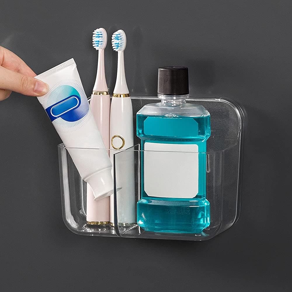 Ettori Toothbrush HolderToothbrush Caddy with 2 CompartmentShower CaddyBathroom storageWall Mounted Adhesive Storage for BathroomKitchen No DrillingClear Plastic