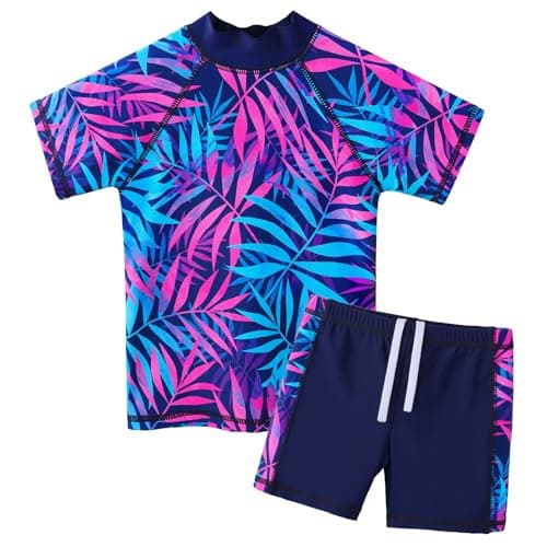 Girls Swimsuit Rashguard Set Short Sleeve 2 Piece Bathing Suit UPF 50+ UV Swimwear S399_NavyLeaves_4A