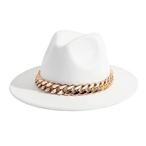 Gossifan Men & Women Belt Buckle Fedora Hat Wide Brim Floppy Panama Hat-Chain Belt White