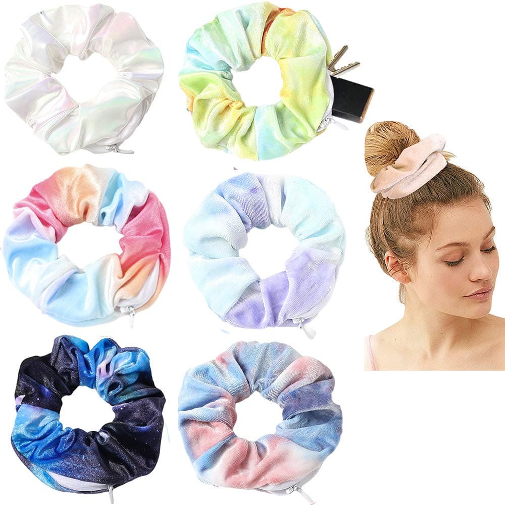 Womens Velvet Multicolor Hair Ties with Secret Zipper Pouch Tie Dye Scrunchies and Soft Stash Elastic Ties for Vsco Girl Stuff 6 Pcs C