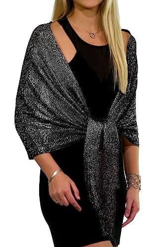 Shawls and Wraps for Evening Dresses, Metallic Sparkle Womens Wedding Black Silver Shawl