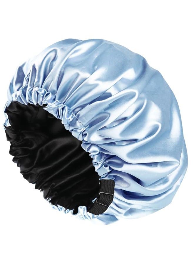 Large Lined Shower Cap,Double Layer Satin Fabric,Adjustable Size, Washable & Breathable,Waterproof,Reusable,Hair Shower Cap for Women-Blue
