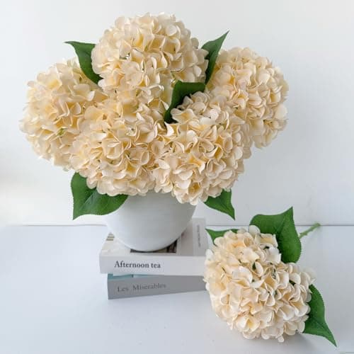 ZYTUYO 5 Pcs Champagne Yellow Silk Hydrangeas Artificial Flower Boho Dried Touch Hydrangeas 20 Faux for Fall Home Decor Kitchen Living Room Porch Wreath Xmas Wedding Flower Arrangement